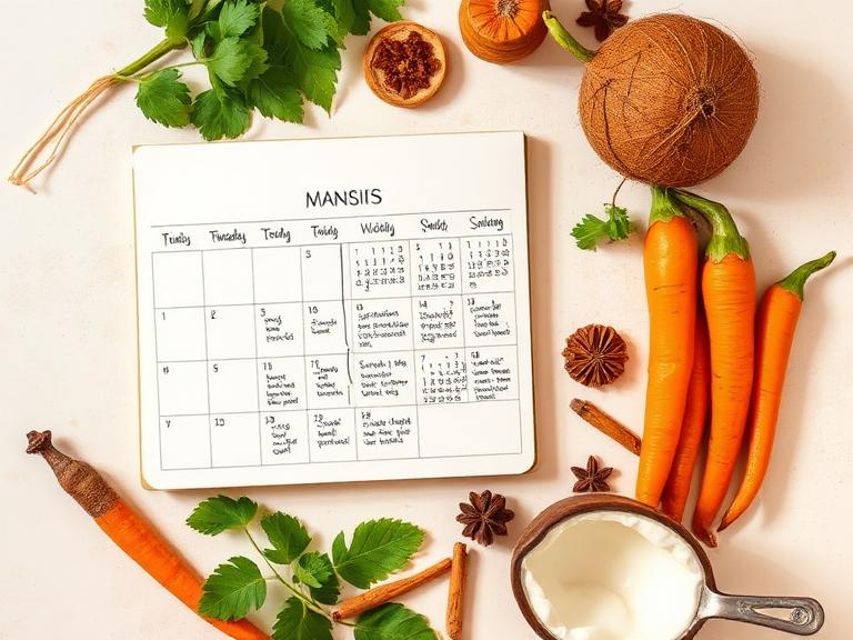 Planificateur de menu hebdomadaire avec légumes et épices